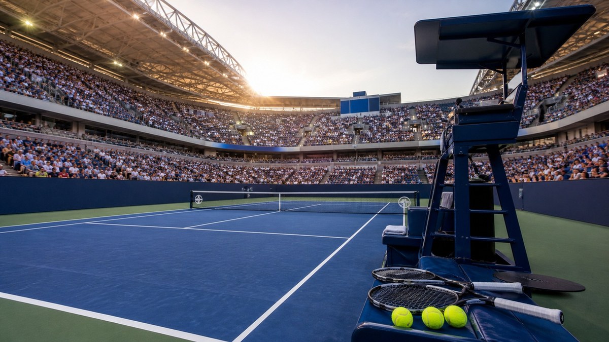 Небрандиран син тенис корт в Ню Йорк преди началото на US Open 2026